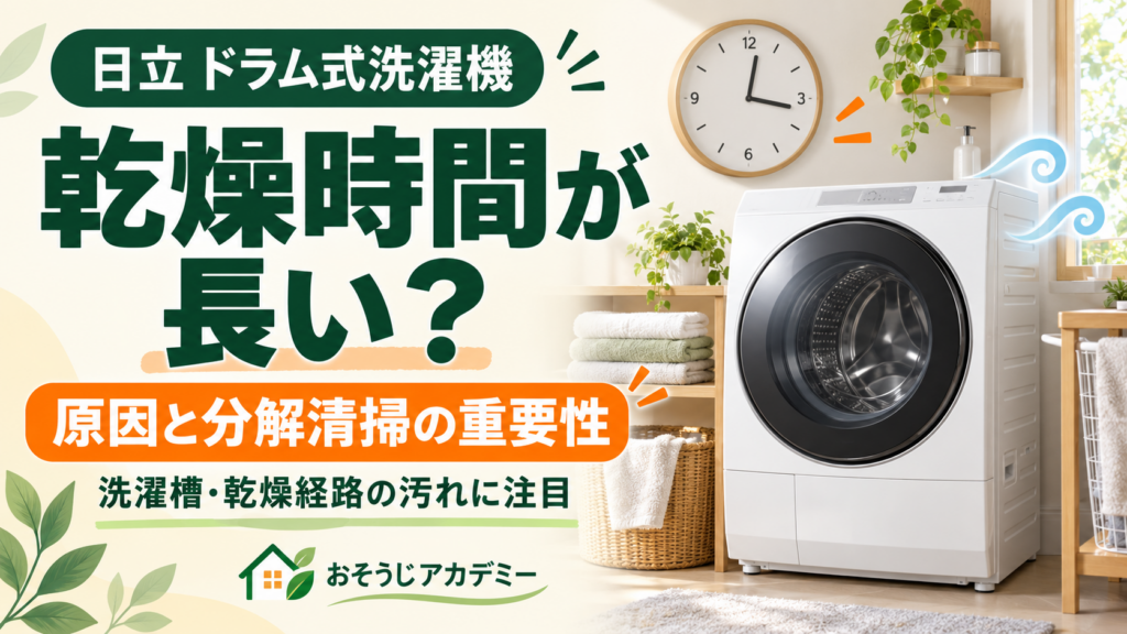 日立ドラム式洗濯機の乾燥時間が長い原因と分解清掃の重要性。洗濯槽や乾燥経路の汚れに注目する解説記事。