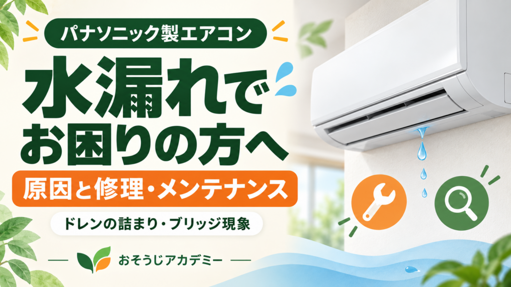 パナソニック製エアコンの水漏れの原因と修理・メンテナンスの案内。ドレンの詰まりやブリッジ現象を解説する記事のアイキャッチ。