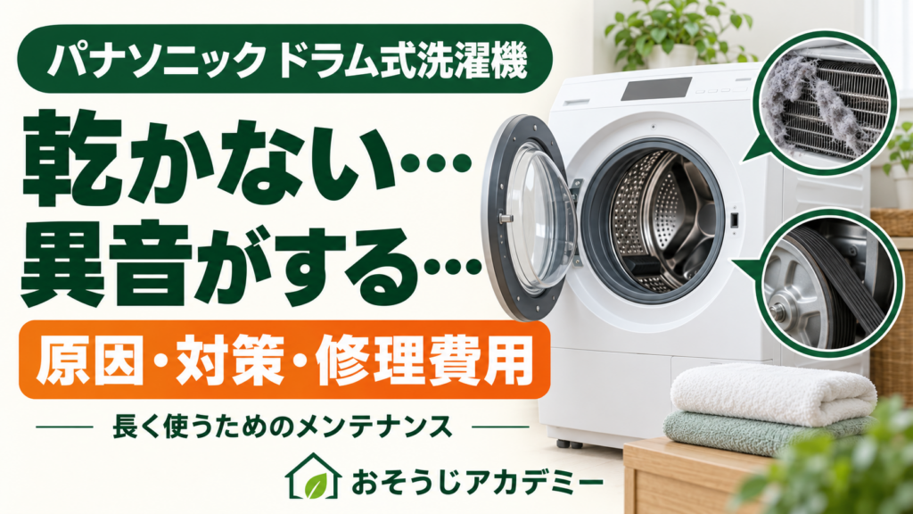 パナソニックのドラム式洗濯機が乾かない・異音がする原因と対策、修理費用を紹介するイラスト。熱交換器のホコリと駆動ベルトを図示。