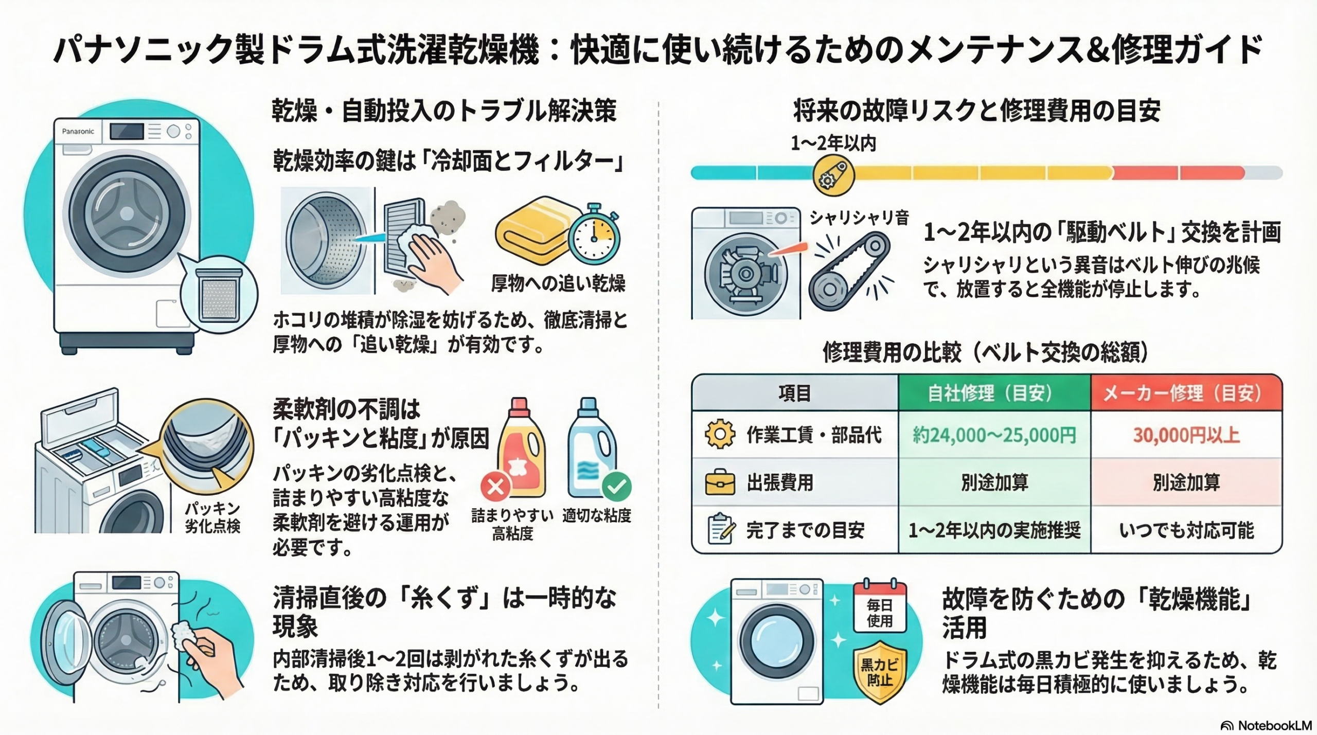 パナソニック製ドラム式洗濯乾燥機のメンテナンスに関する詳細な情報ですね。乾燥ムラ、異音、修理費用といった内容は、多くのドラム式ユーザーが直面する「あるある」な悩みであり、非常に需要が高いテーマです。 提供いただいたプロと顧客のやり取り（ペインポイントや解決策）を整理し、読者の共感と問題解決に繋がるブログ記事の構成案を作成しました。その後に、記事をさらに良くするためのアドバイスをまとめています。