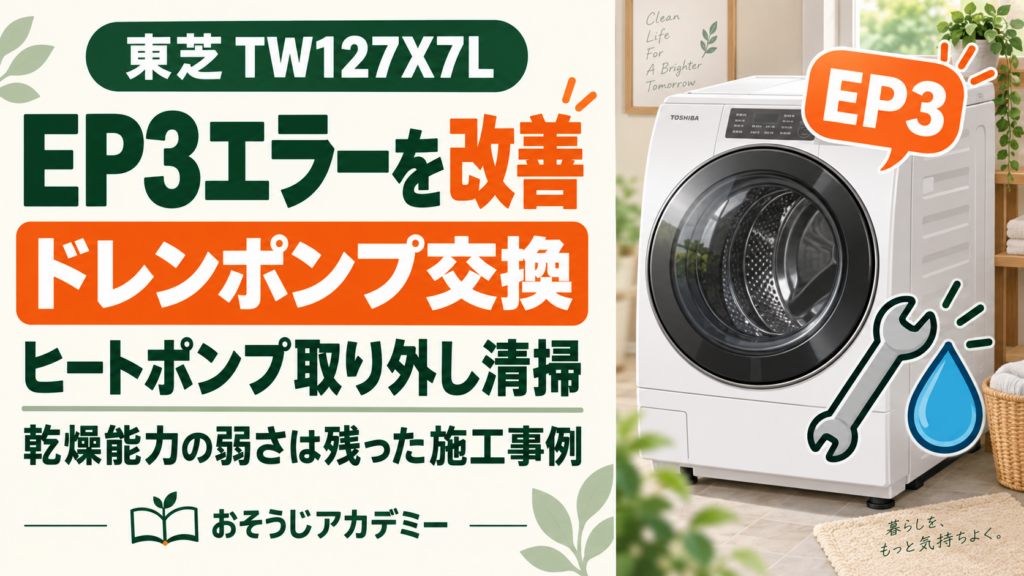 東芝TW127X7LのEP3エラーをドレンポンプ交換とヒートポンプ取り外し清掃で改善した施工事例。乾燥能力の弱さは残ったことも紹介。