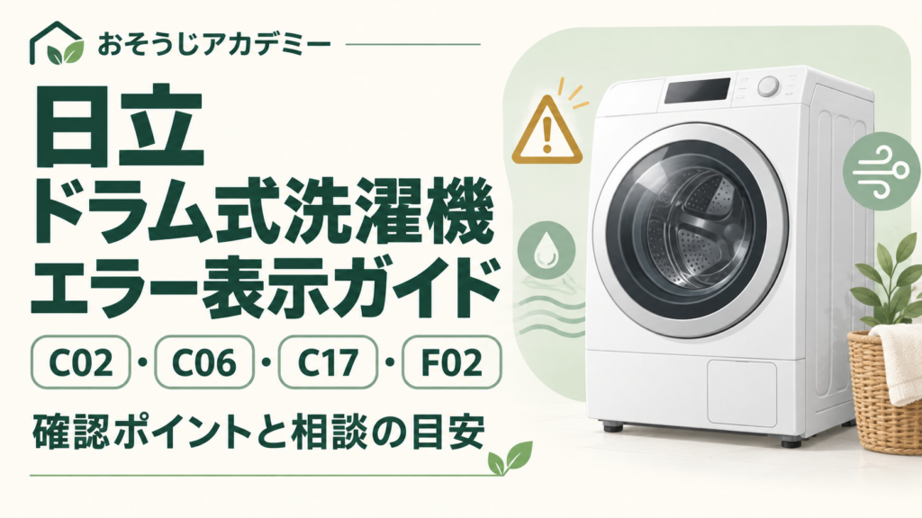 日立のドラム式洗濯機エラー表示ガイド。C02・C06・C17・F02の確認ポイントと相談の目安。