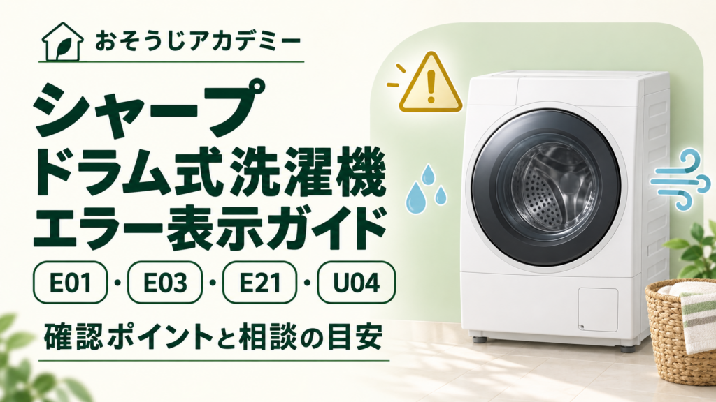 シャープのドラム式洗濯機エラー表示ガイド。E01・E03・E21・U04の確認ポイントと相談の目安。