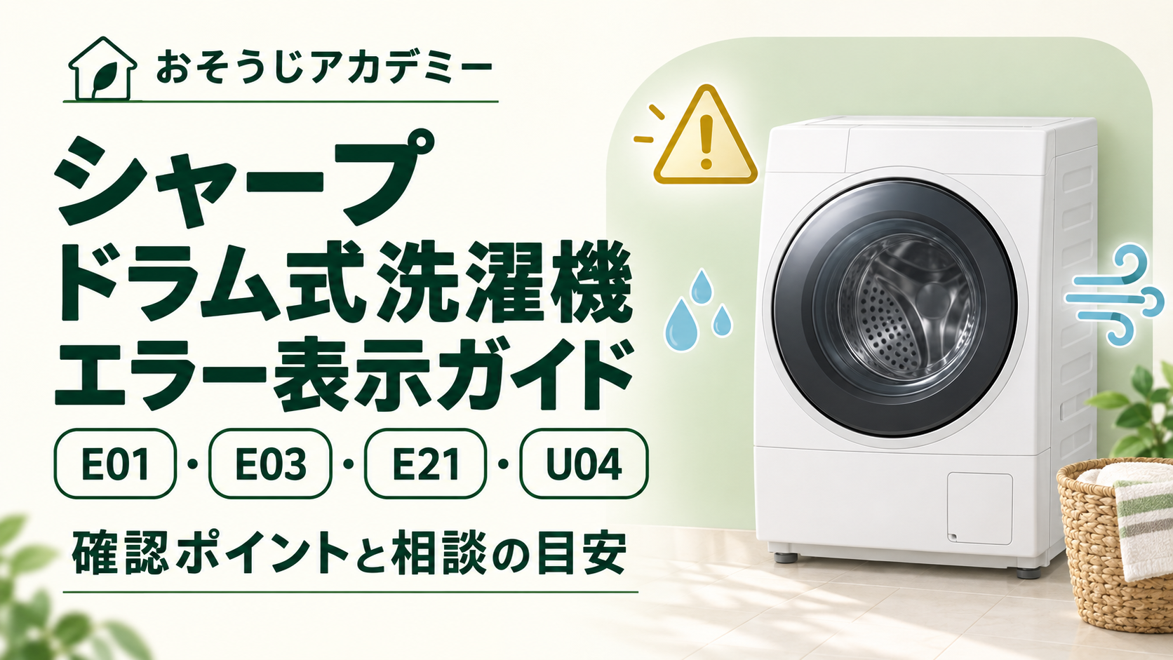 シャープのドラム式洗濯機エラー表示ガイド。E01・E03・E21・U04の確認ポイントと相談の目安。