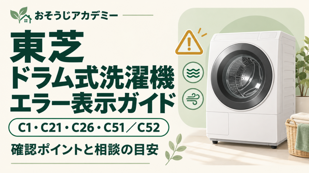 東芝のドラム式洗濯機エラー表示ガイド。C1・C21・C26・C51/C52の確認ポイントと相談の目安。